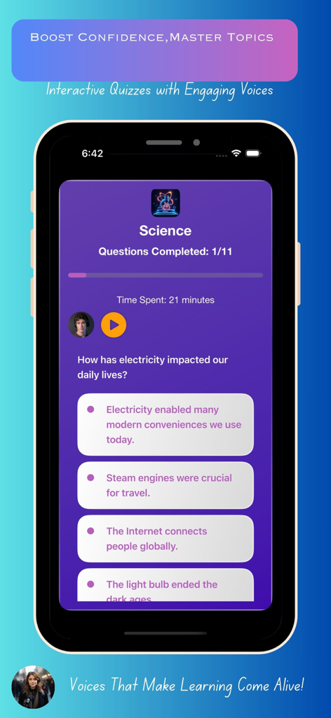 AI Quiz Maker: Flashcards - Cuestionario de ciencias interactivo en la aplicación móvil AI Quiz Maker con voz en off de IA