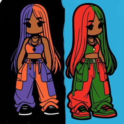 girl in baggy pants crop top and long hair