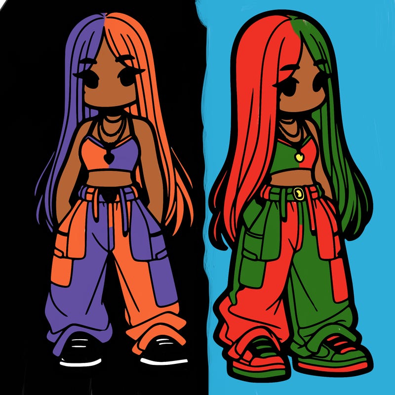 girl in baggy pants crop top and long hair