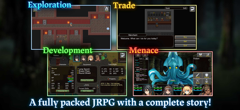 Un collage que muestra las características de jugabilidad de RPG Astral Takers, incluyendo exploración de mazmorras, intercambio, desarrollo de personajes y batallas contra jefes por turnos.