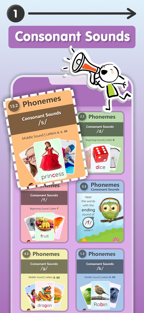 Educational phonics app showing consonant sound flashcards for phoneme learning