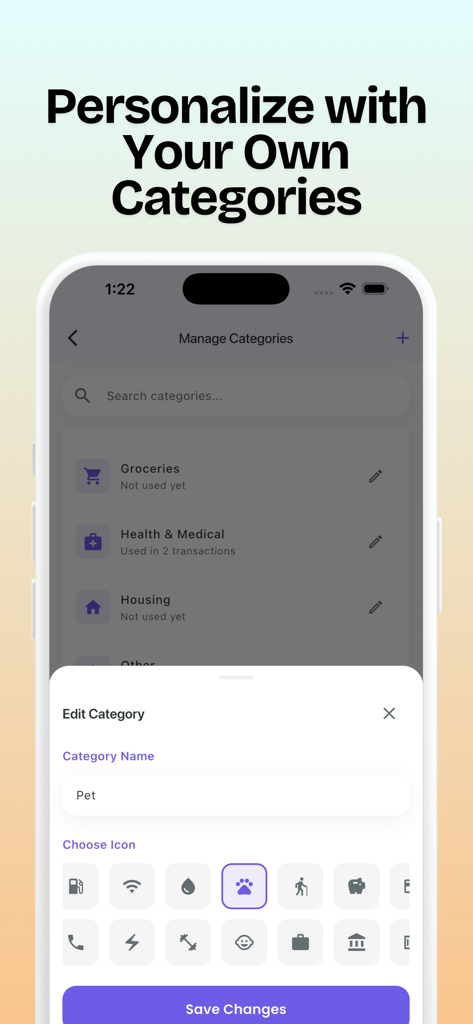 Expense Easy: AI Money Tracker - Mobile app screen showing how to edit and customize expense categories with names and icons