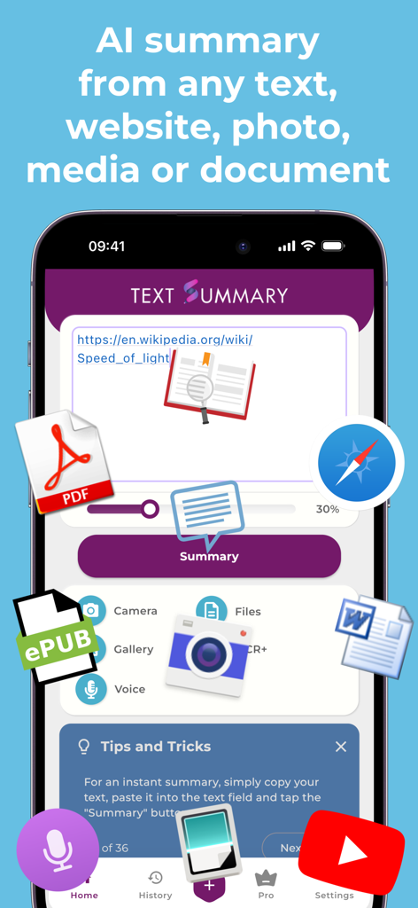 Summary AI: TLDR Summarizer - Summary AI app interface showing summarization capabilities for PDF, YouTube, web links, and documents.