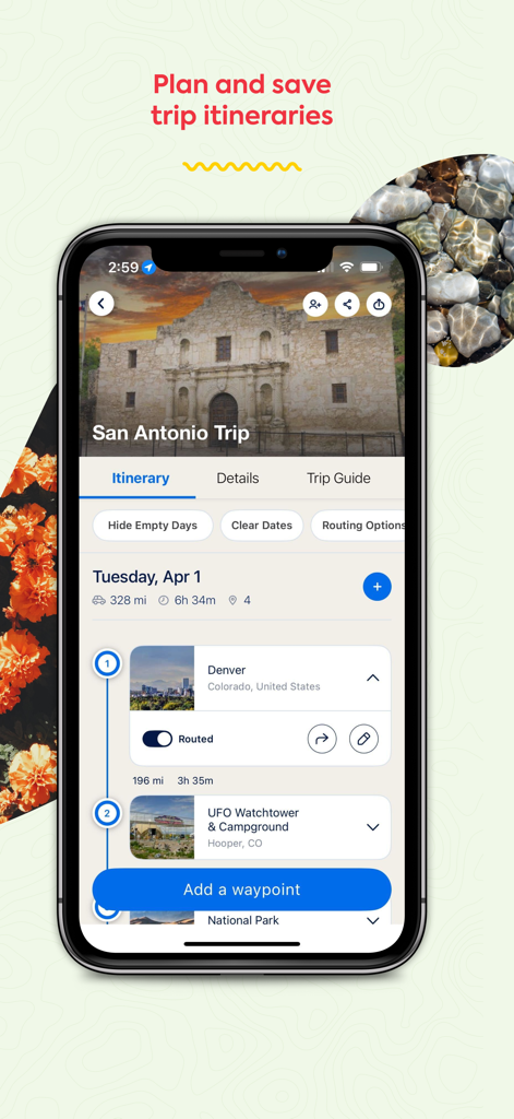 Roadtrippers app interface showing a planned travel itinerary with multiple waypoints and route details
