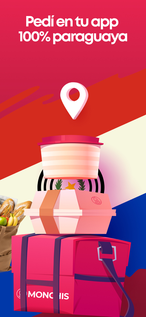 Monchis - Delivery App - パラグアイの国旗を背景に、食品容器、食料品、配達バッグが描かれたMonchisデリバリーアプリのグラフィック。