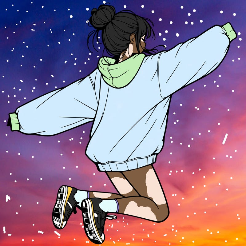 realistic girl jumping with a bun and oversized sweatshirt