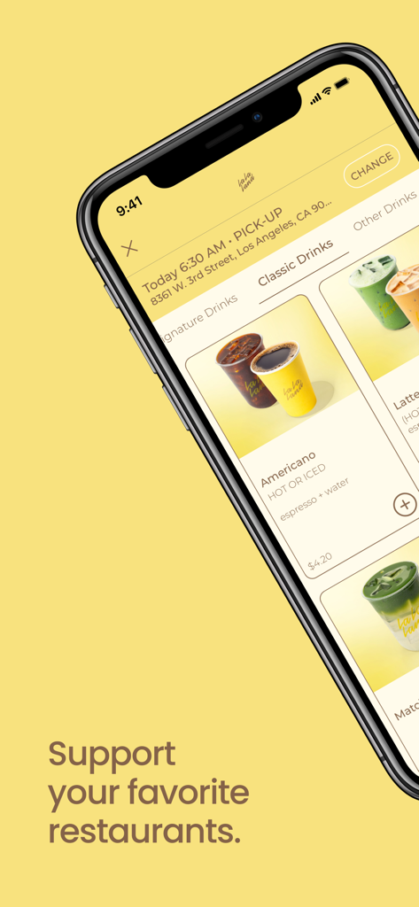 La La Land Kind Cafe mobile app menu featuring classic drinks like Americano and Matcha.