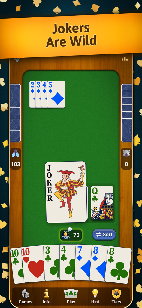 Juego de cartas clásico Rummy mostrando un comodín en una mesa verde