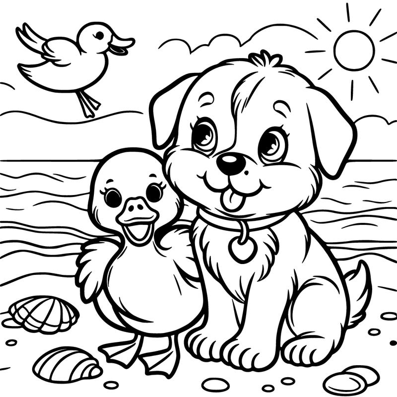 puppy and duck on beach