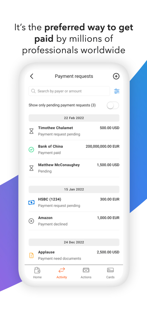 Uma lista de solicitações de pagamento globais no aplicativo de pagamentos empresariais Payoneer.