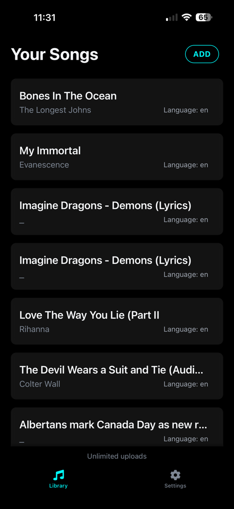 Sing With Me App - The Your Songs library screen of the Sing With Me app showing a list of tracks for singing practice