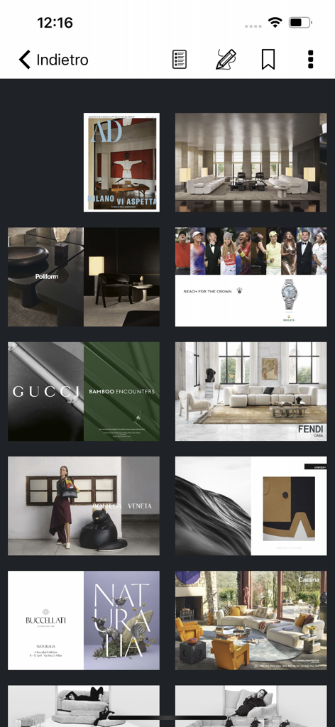Thumbnail grid showing luxury design and lifestyle pages in the AD Italia app