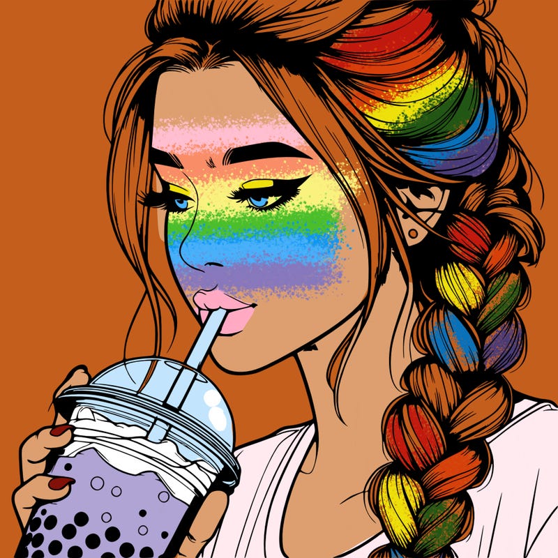 realistic girl drinking boba tea with braided hair