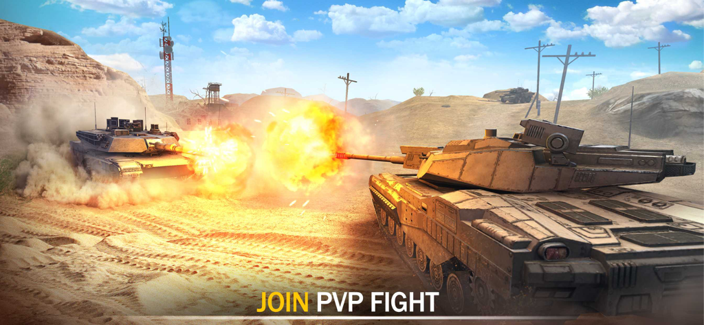 Tank Force：Battle Games Online - Two modern tanks firing at each other in a desert pvp battle
