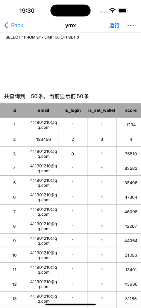 Interfaccia mobile dell'app MySQL Assistant che mostra una tabella di risultati di query SQL inclusi colonne email e punteggio.