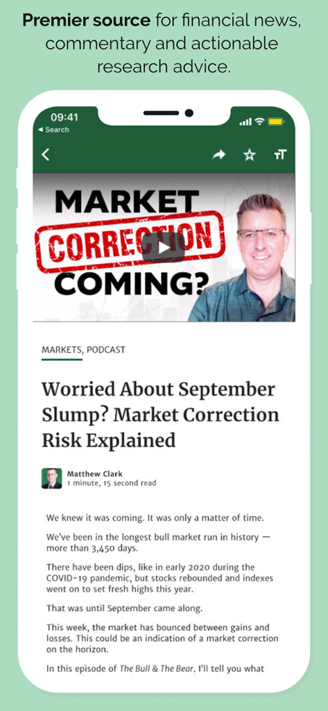 Money & Markets - Money and Markets app interface displaying a financial news article about market correction risks
