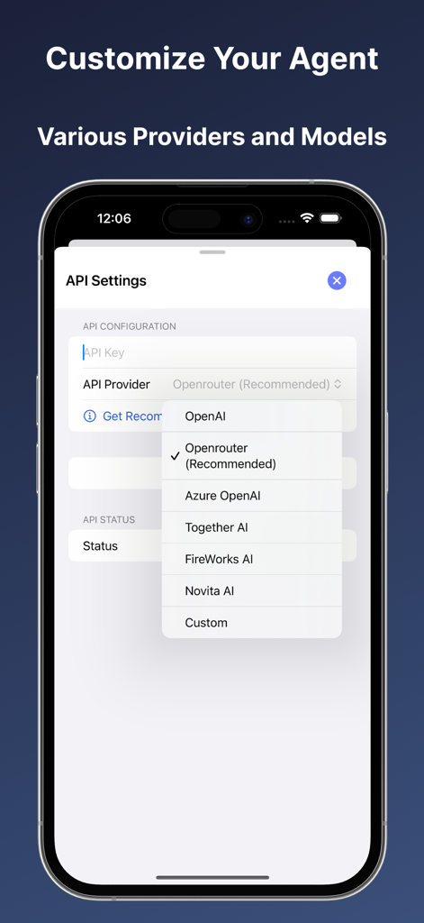 Fremail - AI Email Generator - Fremail app API settings screen showing various AI provider options for customized email generation