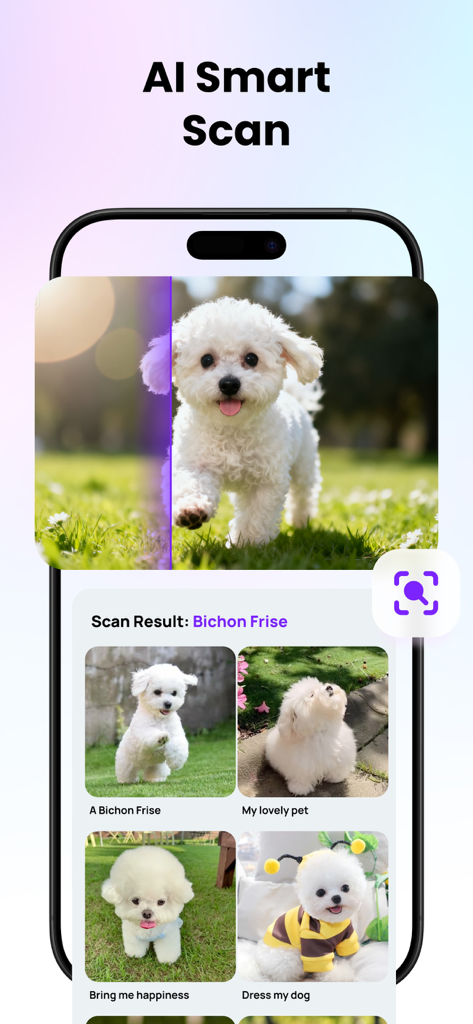 Ageroom - AI Photo Generator - Pantalla de la aplicación Ageroom mostrando IA Smart Scan identificando un perro Bichón Frisé