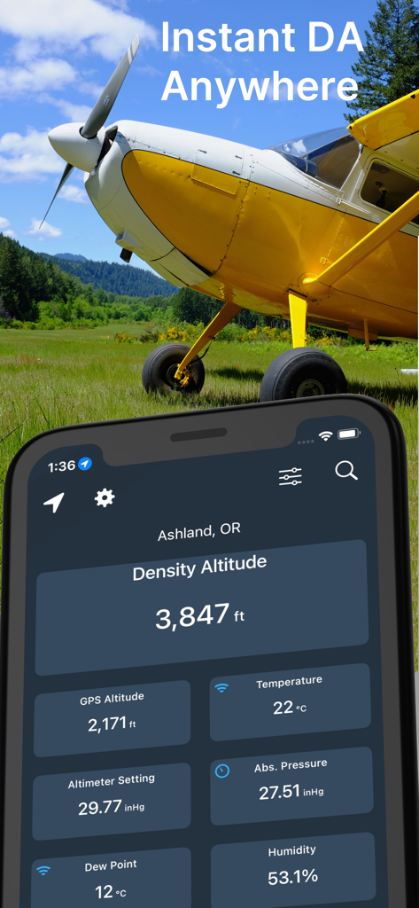 Density Altitude + - Density Altitude app interface showing flight data with a bush plane on a grassy runway background