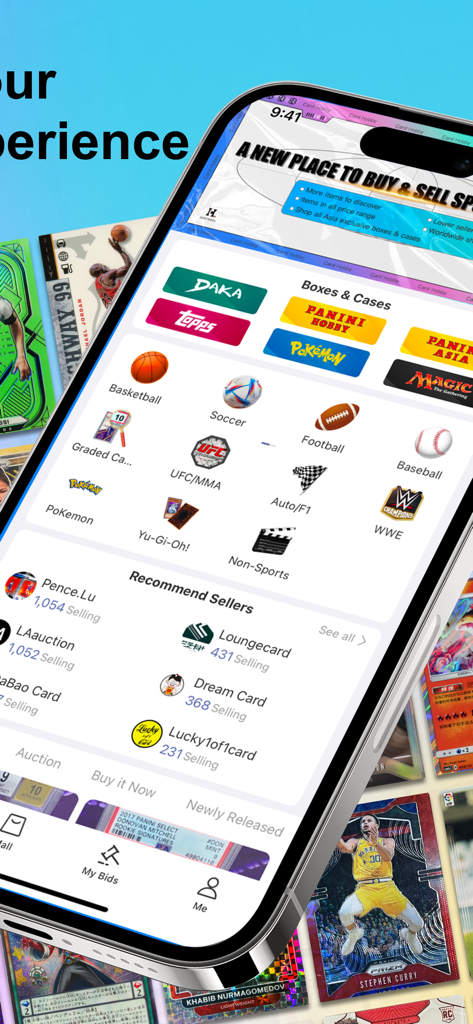 Card Hobby - Card Hobby 앱 홈 화면에는 농구, 축구, 포켓몬과 같은 다양한 트레이딩 카드 카테고리가 표시됩니다.