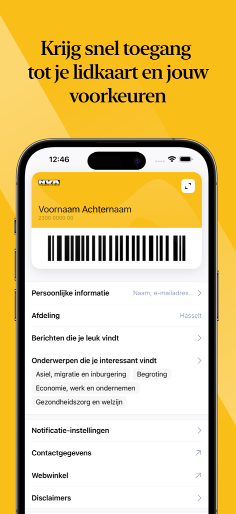 N-VA - Un smartphone montrant la carte de membre numérique de l'application N-VA avec code-barres et paramètres de profil utilisateur