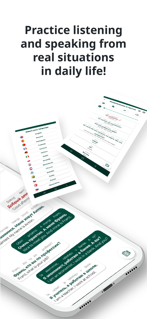 Interfaz de la aplicación de escucha y habla en ruso que muestra diálogos de la vida diaria y selección de idioma