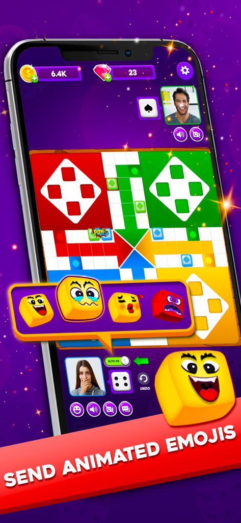 Ludo Lush mobile game interface showing players using animated emojis and video chat during a match