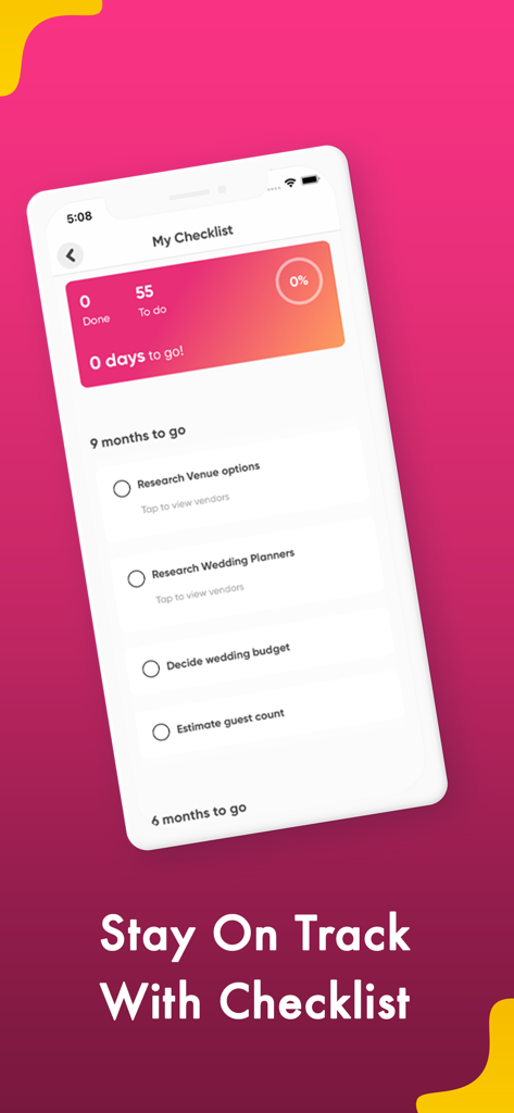 Interface of the WedMeGood app showing a detailed wedding checklist with task categories and progress tracking