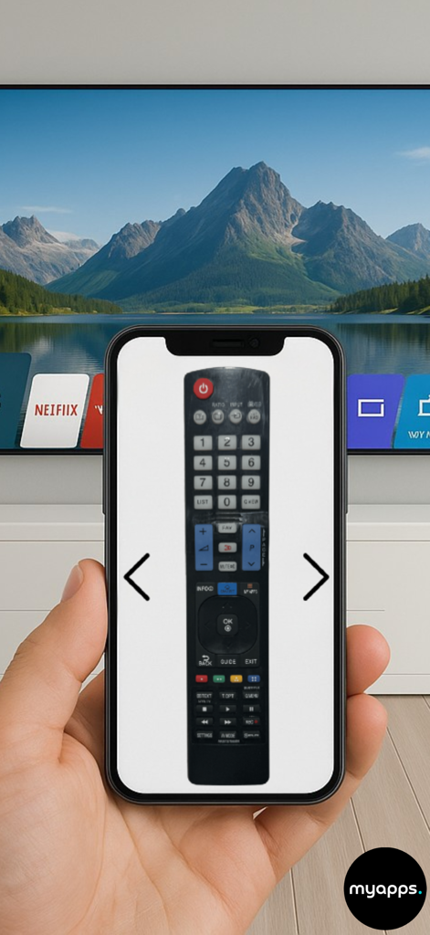 Remote For LG Smart TVs - Una persona sosteniendo un iPhone mostrando una interfaz de control remoto digital LG para TV frente a un televisor inteligente