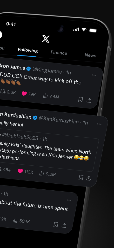 Smartphone screen showing the X app interface with real time posts from high profile users in the following tab