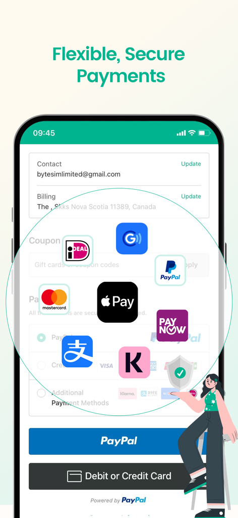 ByteSIM eSIM - Data Plan - Options de paiement sécurisées de l'application eSIM ByteSIM, y compris Apple Pay et PayPal