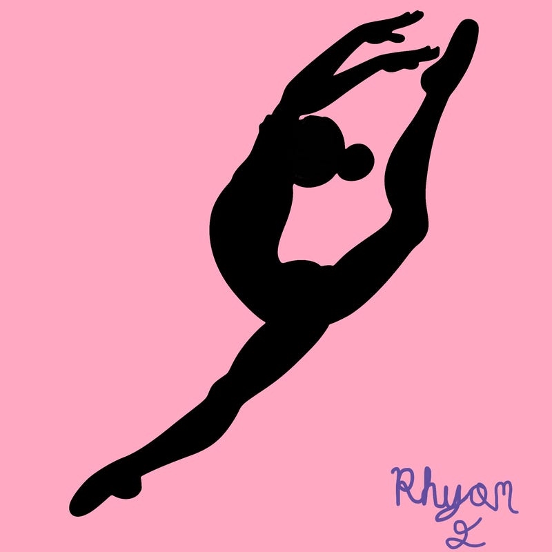 gymnast doing a leap in a leotard with a bent back leg