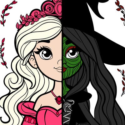 detailed realistic split of a princess and a witch