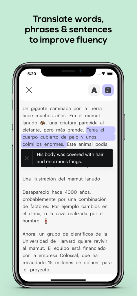 L'application Rino montrant un article en espagnol avec une superposition de traduction en anglais pour une phrase sélectionnée