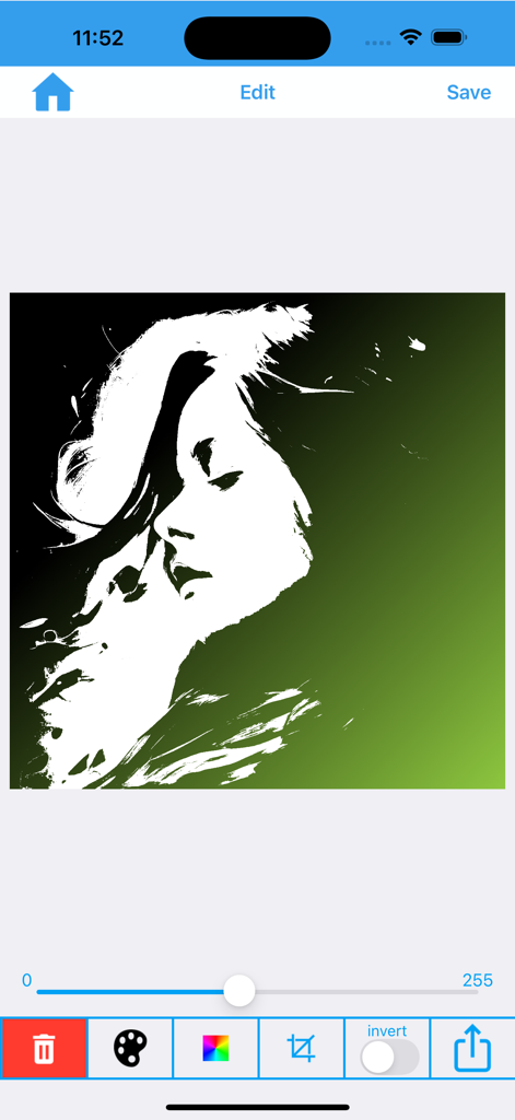 Fx Stencil - High contrast portrait stencil with a green gradient background in the Fx Stencil app interface