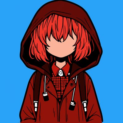 little anime girl in a raincoat her hair is covering her eyes she has a lighter