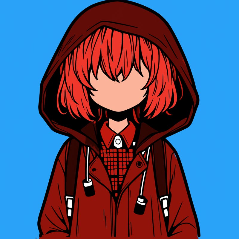 little anime girl in a raincoat her hair is covering her eyes she has a lighter