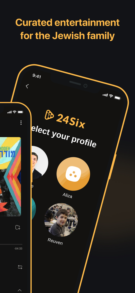 Profile selection screen in the 24Six app for curated Jewish family entertainment