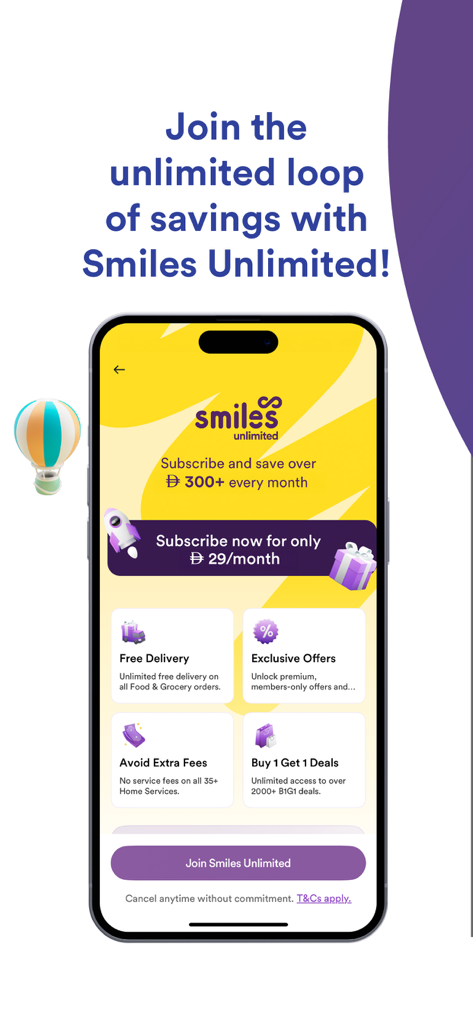 A smartphone screen displaying the Smiles Unlimited subscription offer with benefits like free delivery and exclusive deals for a monthly fee
