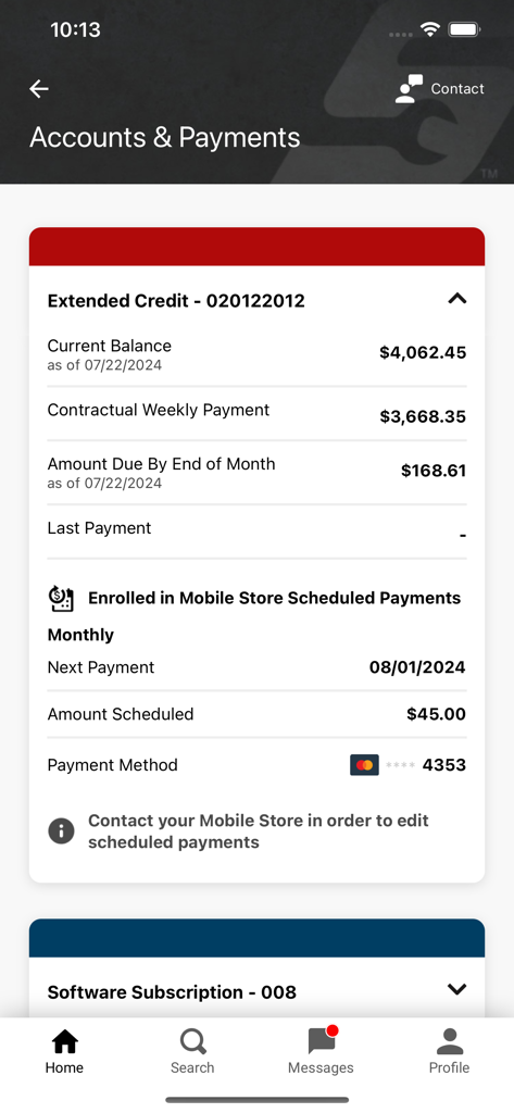 Capture d'écran de l'application Snap-on Connect montrant les soldes de compte et les détails de paiement par carte de crédit pour les outils automobiles.