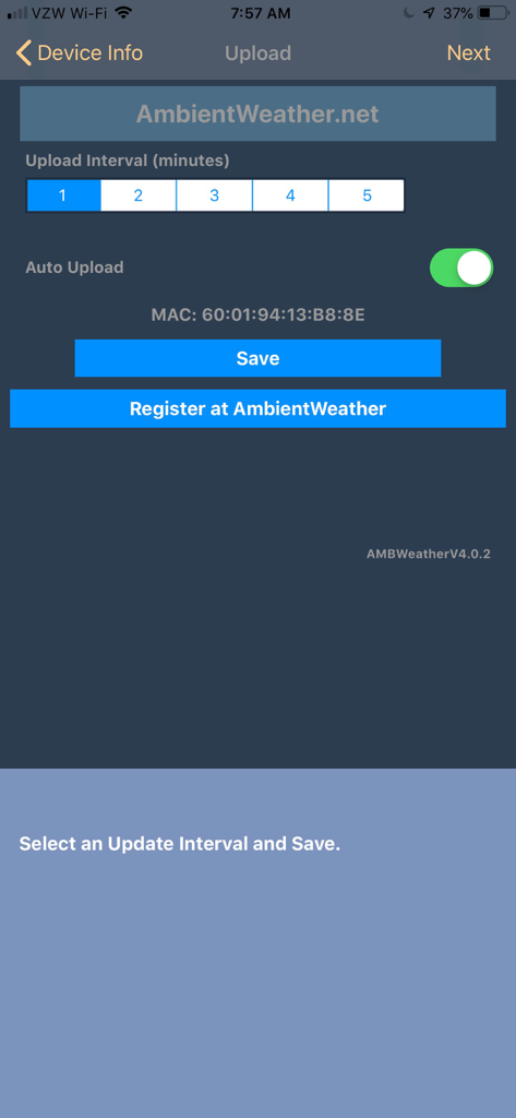 awnet - awnetアプリの画面。データアップロード間隔の設定とAmbient Weatherハードウェアの登録用。