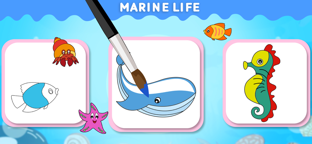 Animal Coloring Games for Kids - Un pincel coloreando una ballena azul en una página para colorear digital temática de vida marina para niños.