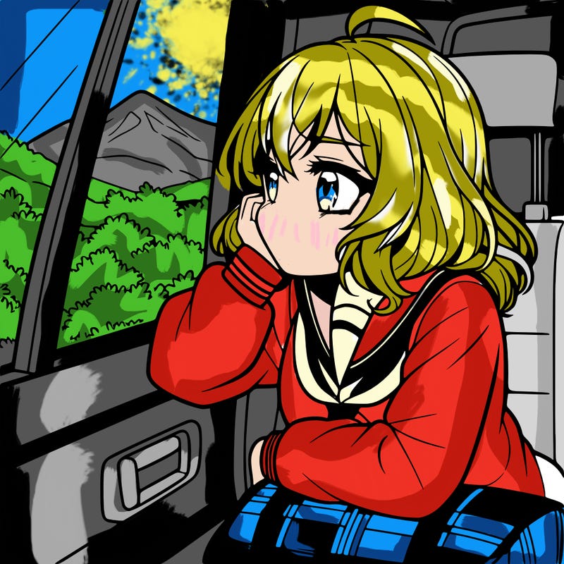 anime girl sighing with elbow on window sill on the back seat of the car looking outside the window of the car
