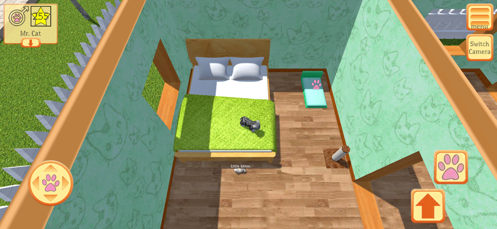 Cute Pocket Cat 3D - Part 2 - A small grey kitten sitting on a green bed inside a decorated 3D room with cat-themed wallpaper