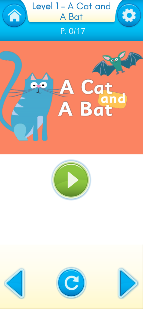 Screenshot of Helen Doron Read app showing Level 1 story A Cat and A Bat with a blue cat and green bat illustration