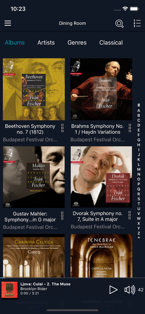 Linn Kazoo app interface showing a grid of classical music albums by Ivan Fischer in the Dining Room section