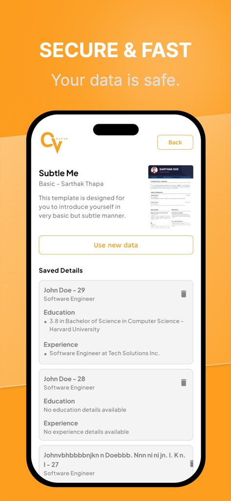 CV Maker - Professional Resume - Pantalla de smartphone mostrando la aplicación CV Maker con perfiles profesionales guardados y una notificación de datos seguros.