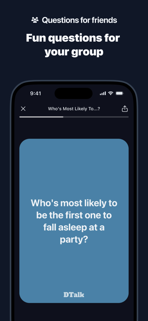 Conversation starters: DTalk - Interfaz de la aplicación DTalk mostrando una pregunta rompehielos divertida para un grupo de amigos.