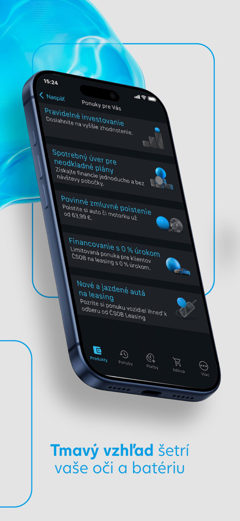 Interface do aplicativo móvel CSOB SmartBanking em modo escuro mostrando ofertas de produtos financeiros em um iPhone