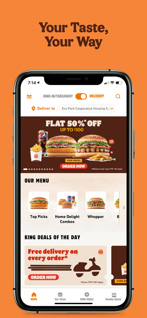 Burger King India app home screen featuring daily deals and burger menu
